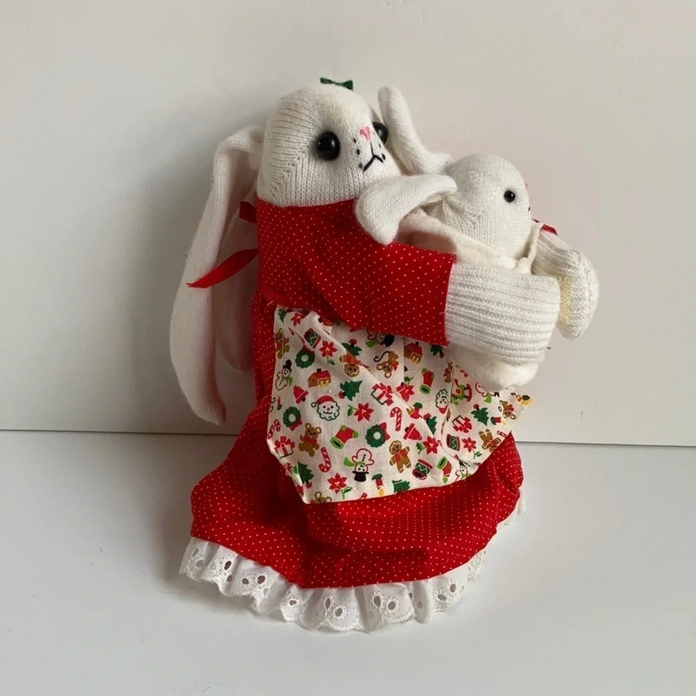 Vintage 80s Christmas sock bunny and baby red dress and Christmas print apron